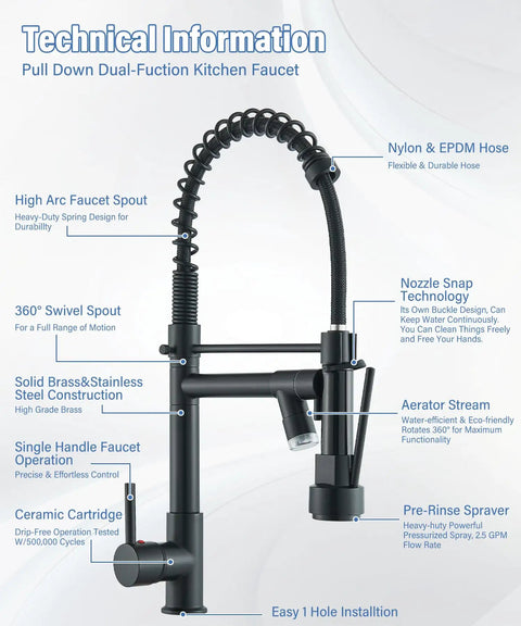 Diagram of LED Kitchen Faucet With Pull Down Sprayer In Matte Black Stainless Steel showcasing features like gooseneck and single handle.