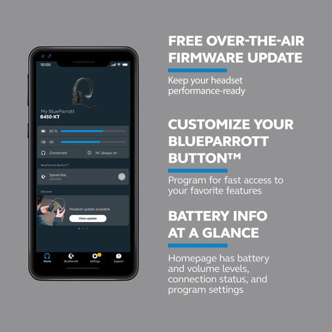 Phone screen displaying Mono Bluetooth Trucker Headset With Mic 96 Percent Noise Canceling All Day Comfort Padded Headband app features