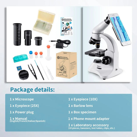 100X To 2000X Educational Compound Microscope For Adults And Kids With 12 Magnification Options From 40X To 2000X Includes WF10X And WF25X Eyepieces 4X 10X 40X Achromatic Objectives 2X Barlow Lens Prepared Slides For Home School Lab package with all components displayed.