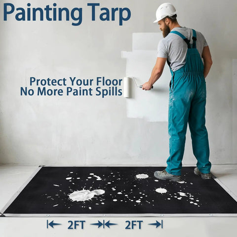 Person painting wall with Heavy Duty 12x16 Foot Waterproof Poly Tarp With Grommets And Reinforced Edges on floor.