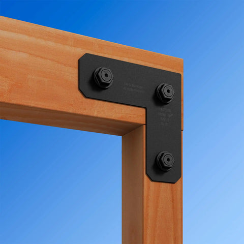 Black Powder Coated L Strap For 4x4 Posts ZMAX Galvanized 12 Gauge Steel Avant Collection Outdoor Accents installed on timber