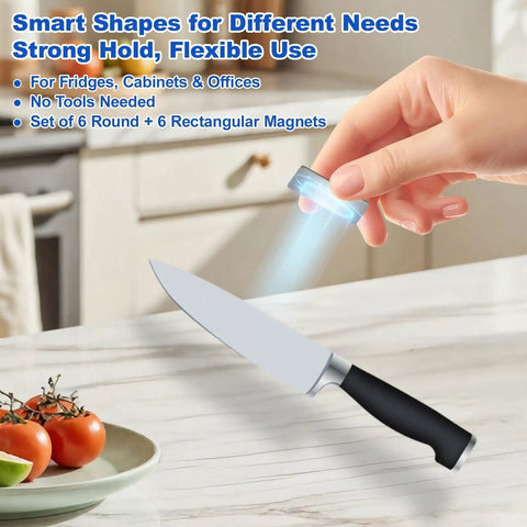 Magnetic Door Catch Set Ultra Thin Cabinet Magnets For Closure shown holding a knife on a kitchen countertop
