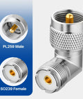 Right Angle UHF PL259 to Female Coax Adapters, 2 Pack, 90 Degree L Shape Connector showing PL259 and SO239 connections