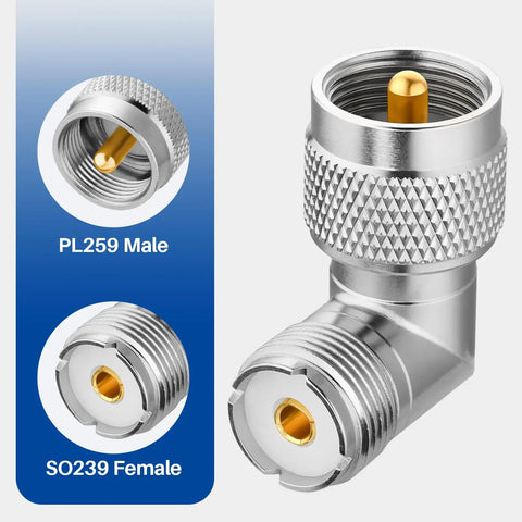 Right Angle UHF PL259 to Female Coax Adapters, 2 Pack, 90 Degree L Shape Connector showing PL259 and SO239 connections