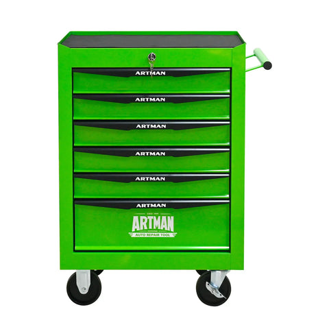 Heavy Duty 21 Inch Lockable Rolling Tool Cabinet With Ball Bearing Slides Sturdy Steel Worktop And Park Lock Casters For No Fuss Garage Organization Green, front view with six drawers.