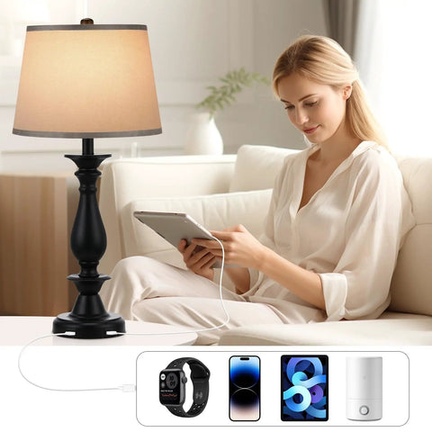 Modern USB Table Lamps Set Of 2 For Living Room And Bedroom With USB Charging Ports 28 Inch Desk Lamps For Nightstands Gray Finish Charges Phones And Tablets When Off Or On Easy Switch