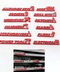 Pro Grade Magnetic Tool Box Labels Kit 12 Pack with strong magnets shown on tool chest with reusable 3D raised drawer labels.