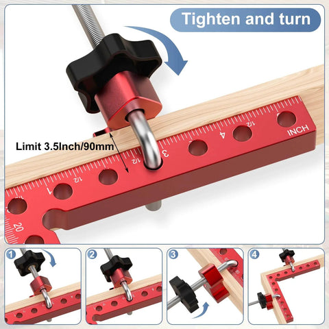 Close-up of a right angle corner clamp set for woodworking, 5.5-inch red aluminum square used for precise alignment.