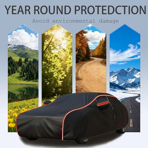 Heavy Duty Waterproof Car Cover For Tesla Cybertruck With Uv Protection Scratch Resistant, shown under seasonal landscapes.