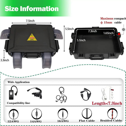 Compact Outdoor Electrical Box With Clear Waterproof Shield And Weatherproof Cord Cover For Four Cable Entries Fits 12 14 16 Gauge Cables Up To 15mm Black One Piece Perfect For Patio Garage Yard And Outdoor DIY Projects dimensions and compatibility.