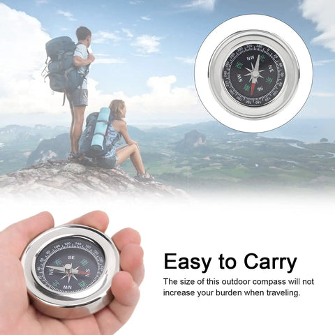 Mini Stainless Steel Compass For Camping And Hiking, Portable Survival Navigation Tool in hand, outdoor background