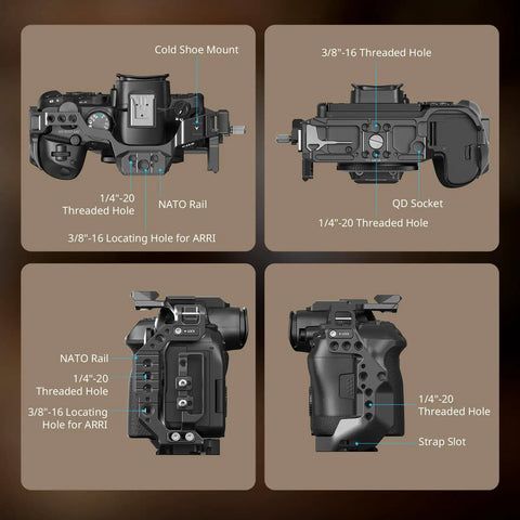 Hawklock Camera Cage Kit For Canon R6 Mark II with multiple mounting points and NATO rails for flexible rigging angles.