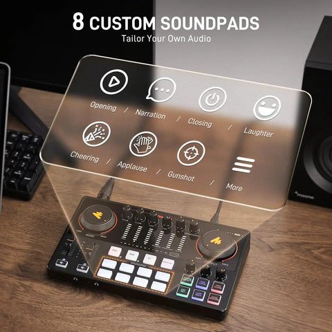 Podcast Gear Bundle With Dual XLR Inputs And USB C Audio Interface Mixer for streaming, detailed soundpad controls display.