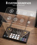 Audio interface mixer with 8 customizable soundpads, part of Dual Host Podcast Studio Bundle With USB-C Audio Interface Mixer And 2 XLR