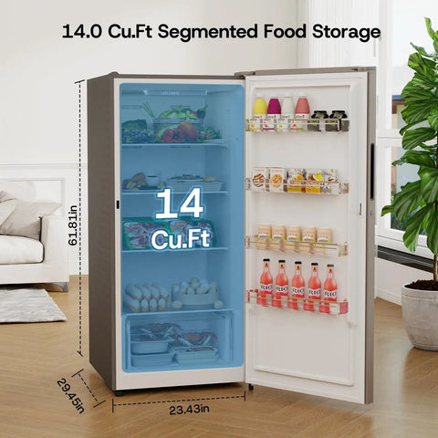 No Brainer 14 Cu Ft Upright Freezer Convertible Fridge With Smart Digital Controls Frost Free Design showing interior food storage layout.