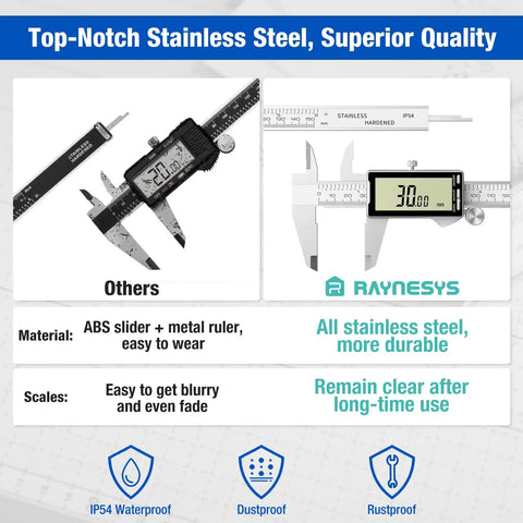 Comparison of digital calipers; ultra precise 6 inch digital caliper with large LCD display, stainless steel body, high durability.