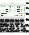 All In One Acorn Cap Nut Kit With M3 M4 M6 M8 Hex Dome Nuts Carbon Steel Decorative Bolt Covers For Furniture Automotive And DIY Projects 140 Piece Set In Handy Storage Case For Pros And DIYers shown with organized compartments and black dome nuts.