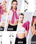 Must Have 4 Pack Cooling Towels 40x12 Inches Microfiber Ice Towels worn on wrist, neck, face, hanging, by woman in workout attire