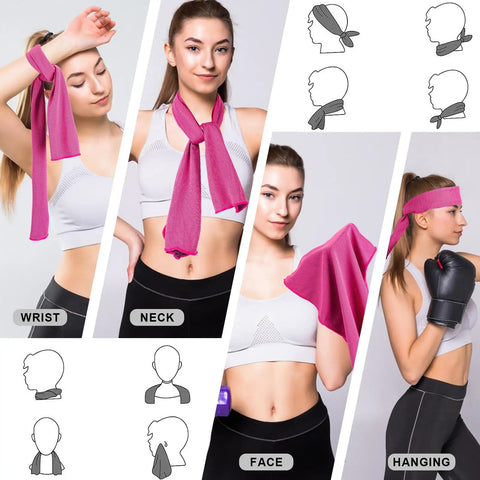 Must Have 4 Pack Cooling Towels 40x12 Inches Microfiber Ice Towels worn on wrist, neck, face, hanging, by woman in workout attire