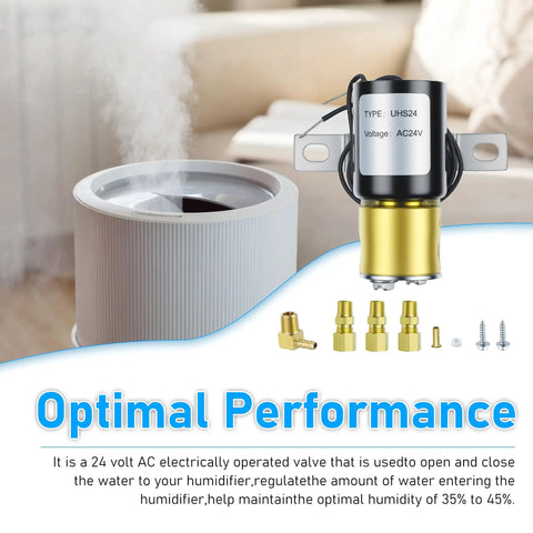 Universal 24V Humidifier Solenoid Valve UHS24 Replacement For Aprilaire 4040 99053 with brass fittings near humidifier setup