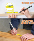 9 In 1 Multi Tool Pen Set For Men And Women Stocking Stuffers Gift Idea with bubble level and rulers in use on wood surface.