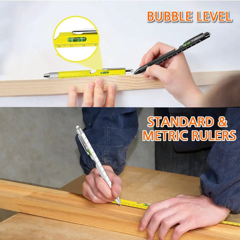 9 In 1 Multi Tool Pen Set For Men And Women Stocking Stuffers Gift Idea with bubble level and rulers in use on wood surface.