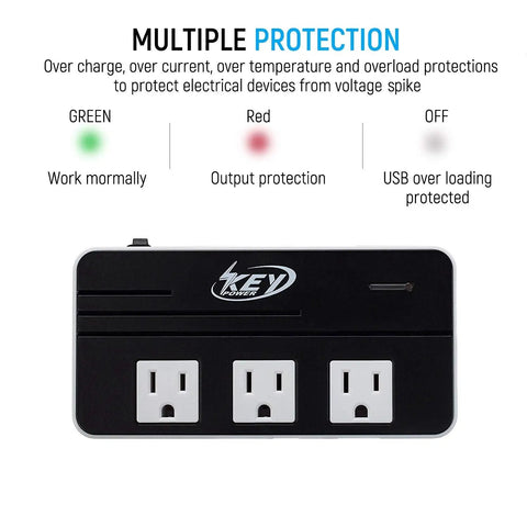 230W Step Down Voltage Converter 220V To 110V With USB C Port 18W Travel Adapter showing protection features and power sockets