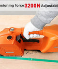 No Sweat Hand Held Electric Strapping Machine With 6000Mah Battery Powered Heat Welder For PP Pet Tape showing adjustable 3200N tension on wood