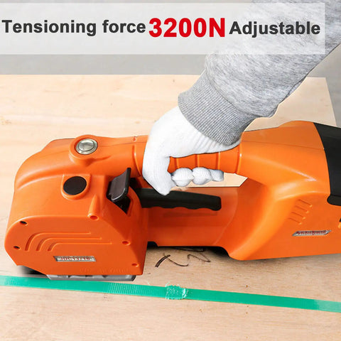 Handheld Electric Strapping Machine With Heavy Duty 6000 Mah Battery And Smooth Automatic Melting Welder Cutters For No Fuss Pp Pet Strap Sealing On Boxes And Standard Freight Pallets, orange tool being held.