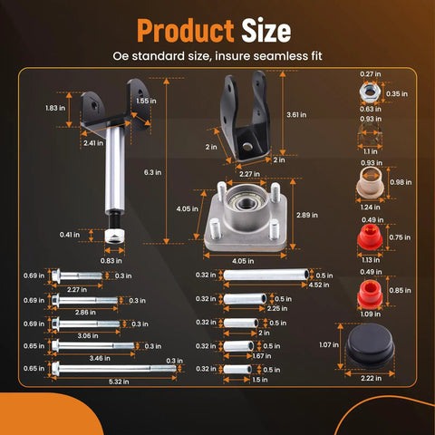 Front And Rear Suspension Bushing Repair Kit For 2004 Plus Club Car Precedent Golf Cart size specifications with dimensions shown.