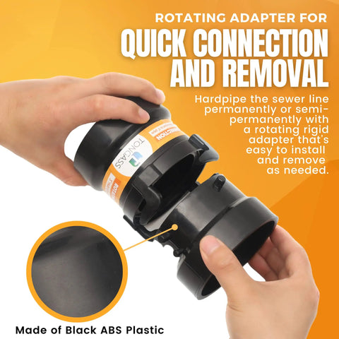 Hands holding Combo Pack RV Sewer Hose Fitting Adapter To PVC And Bayonet Connection Kit Rotating Rigid Pipe Adapter Made of Black ABS
