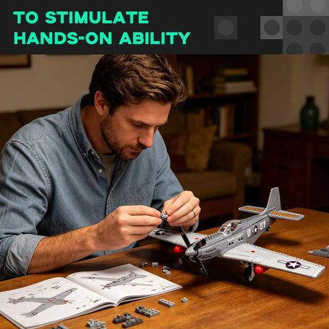 Man assembling P-51 Mustang Fighter Plane Model Kit With Display Stand One Twenty Six Scale 258 Piece Build Set