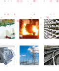 Industrial applications including power generation, rail systems, and manufacturing processes in a multi-image layout.
