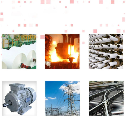 Industrial applications including power generation, rail systems, and manufacturing processes in a multi-image layout.