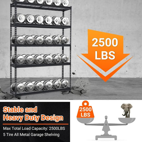 Beefy 5 Tier Garage Shelving Unit With 2500 Lbs Capacity, Heavy Duty Metal Storage Racks For Garage Basement And Workshop, 48 Inch L By 24 Inch D By 72 Inch H, Adjustable Utility Shelving For Maximum Organization, black metal rack with 2500 lbs load graphic