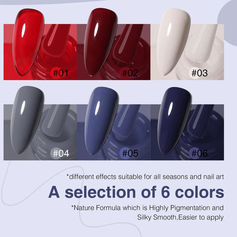 Six Piece 12ml Gel Nail Polish Set In Red, Wine Red, Light White, Gray, Blue, And Dark Blue For Salon Or DIY At Home Soak Off LED UV Gel Nail Polish Kit HEMA Free Formula Great Gift For Women Girls