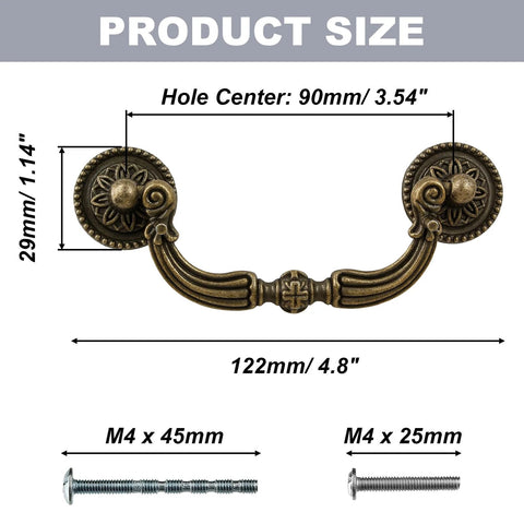 4 Pack Antique Bail Pull Handles With 3.5 Inch Hole Center For Cabinets And Dressers, drop drawer pull dimensions and screws