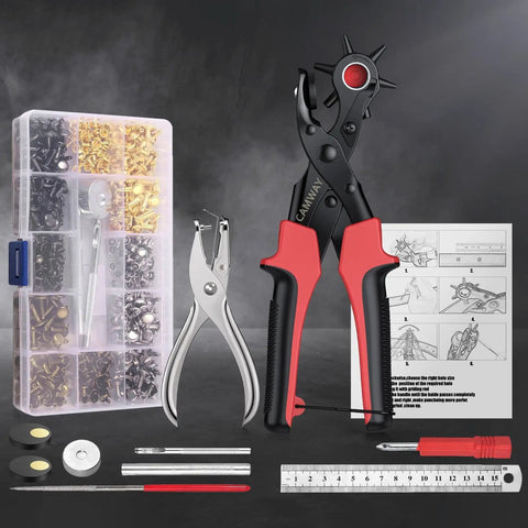 Leather Hole Punch Kit With 6 Size Revolving Punch Plier All In One Pro Grade Quality Includes 240 Rivets And Double Cap Rivet Tool