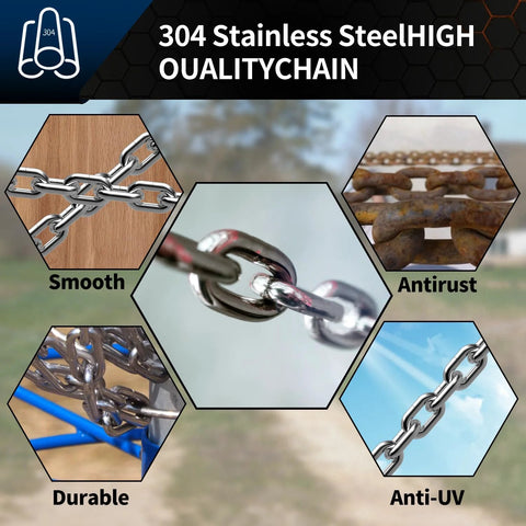Heavy Duty Stainless Steel Link Chain 304 5/64 Inch Links, 6.5 Foot, 80 Lb Load, features smooth, antirust, durable, anti-UV qualities.