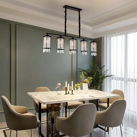 Five Light Modern Crystal Kitchen Island Pendant Light above dining table in elegant room setup