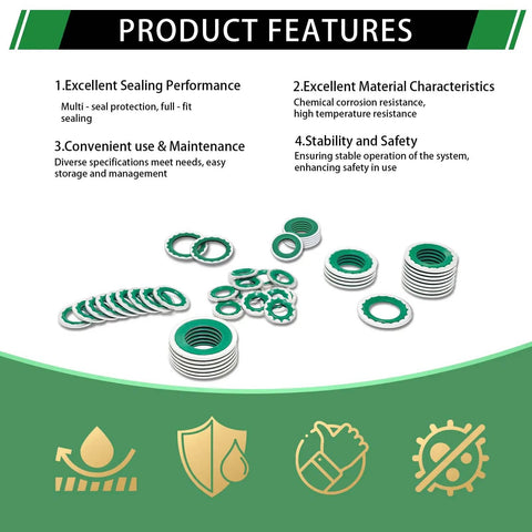 AC Compressor Seal Washers Kit 160 Piece Assortment With 6 Sizes For Automotive AC System Port Bonded Gasket Set shown with features