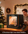 A man admiring the Dual Resin 3D Printer Enclosure with vent kit and LED light, surrounded by holiday decor.