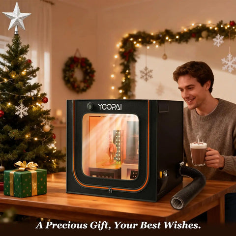 A man admiring the Dual Resin 3D Printer Enclosure with vent kit and LED light, surrounded by holiday decor.