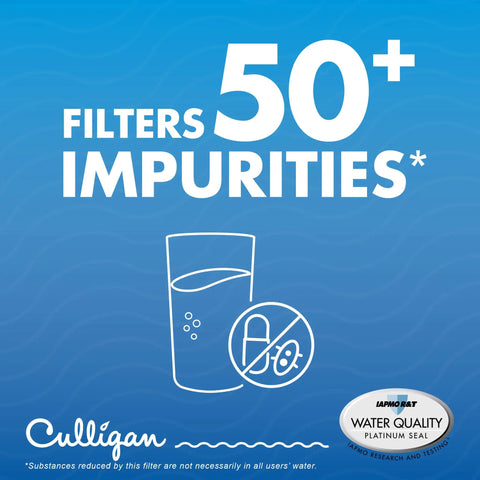 Refrigerator Water Filter Replacement For 4 EDR4RXD1 Easy Install Fits Right In Delivers Fresh Clean Water Right In Long Lasting Filtration, graphic showing filtration of 50+ impurities with an icon of a glass and impurities symbol.