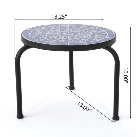 Slate Outdoor Ceramic Tile Side Table With Iron Frame In Blue And White A Compact Durable Patio Accent