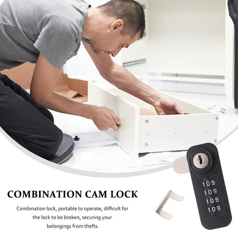 Man installing Mechanical Combination Door Latch Password Lock For Steel Cabinets And Lockers on white cabinet drawer
