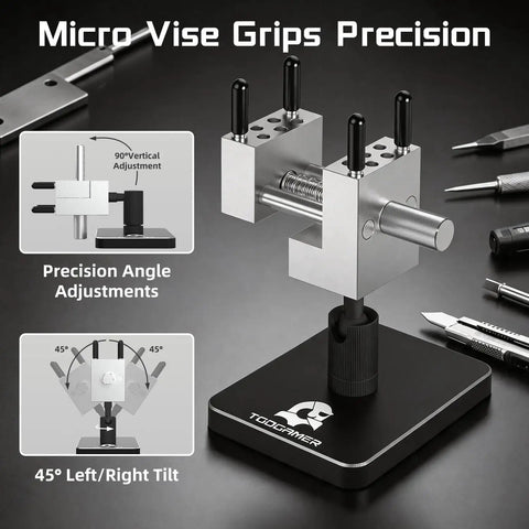 Mini Tabletop Vise That Converts to Handheld, 360 Degree Rotatable Precision Bench Clamp shown with adjustment angles