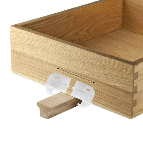Plug And Play Rear Drawer Slide Guides Four Pack For One Quarter Inch Rails T Shape Center Mount Wood Track Heavy Duty Plastic Back Plates Smooth Operation No More Squeaky Bottoms Built Tough Home Repair Fix Made In Usa on wooden drawer.
