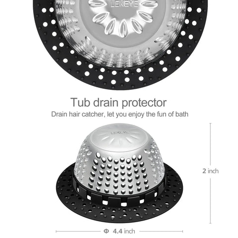 Ditch The Nasty Clogs With This Heavy Duty Shower Drain Hair Catcher Snags Fuzz And Debris Fast Fits Pop Up And Standard Tub Drains Easy To Rinse Off In Sleek Black. Black and silver tub drain protector, 4.4 inch, 2 inch tall, features multiple holes.