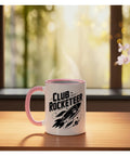 High Power Rocketeer Hobbyist Mug For Amateurs And Gearheads Who Live For Motors And Launches Pink And White Ceramic 11 Oz Cup on desk